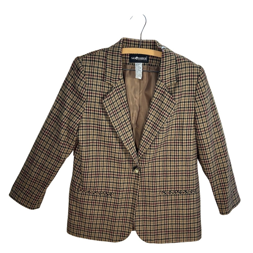 Vintage Sag Harbor Petite Wool  Plaid Blend Blazer, Classic Brown Tartan, Size-8